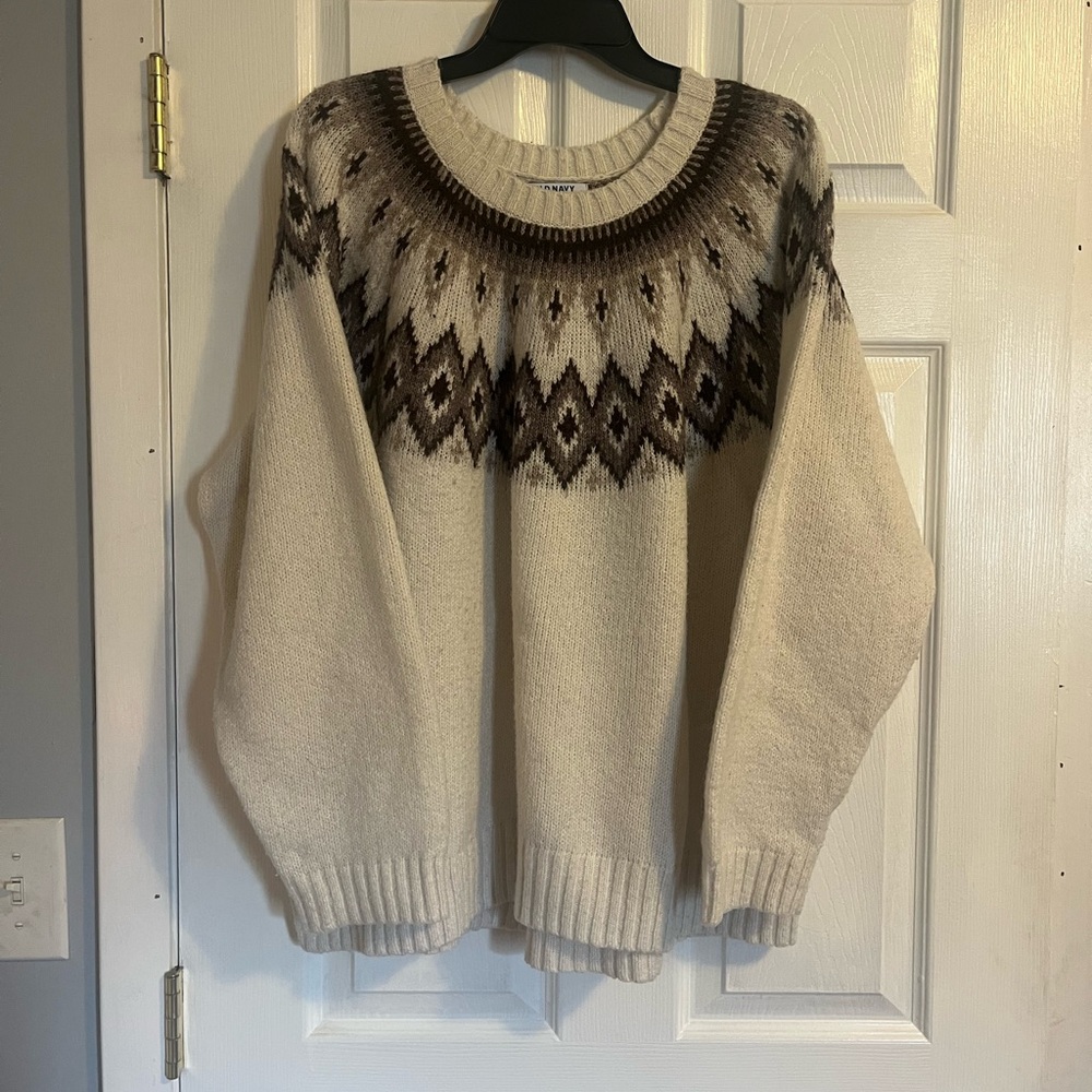 Old Navy Cream and Brown Knit Sweater with Fair Isle Detail
